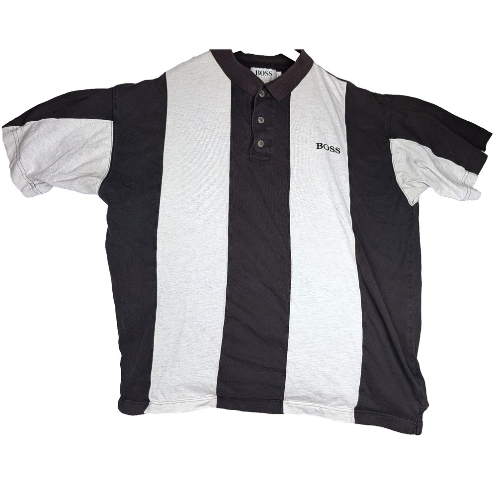 VTG Boss Polo XL Gray Black White Verticle Striped 90s Embroidered Logo Referee